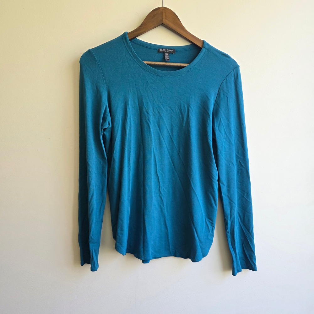 Eileen Fisher Petite Teal Blue Viscose Jersey Long Sleeve Crew Neck Top PM